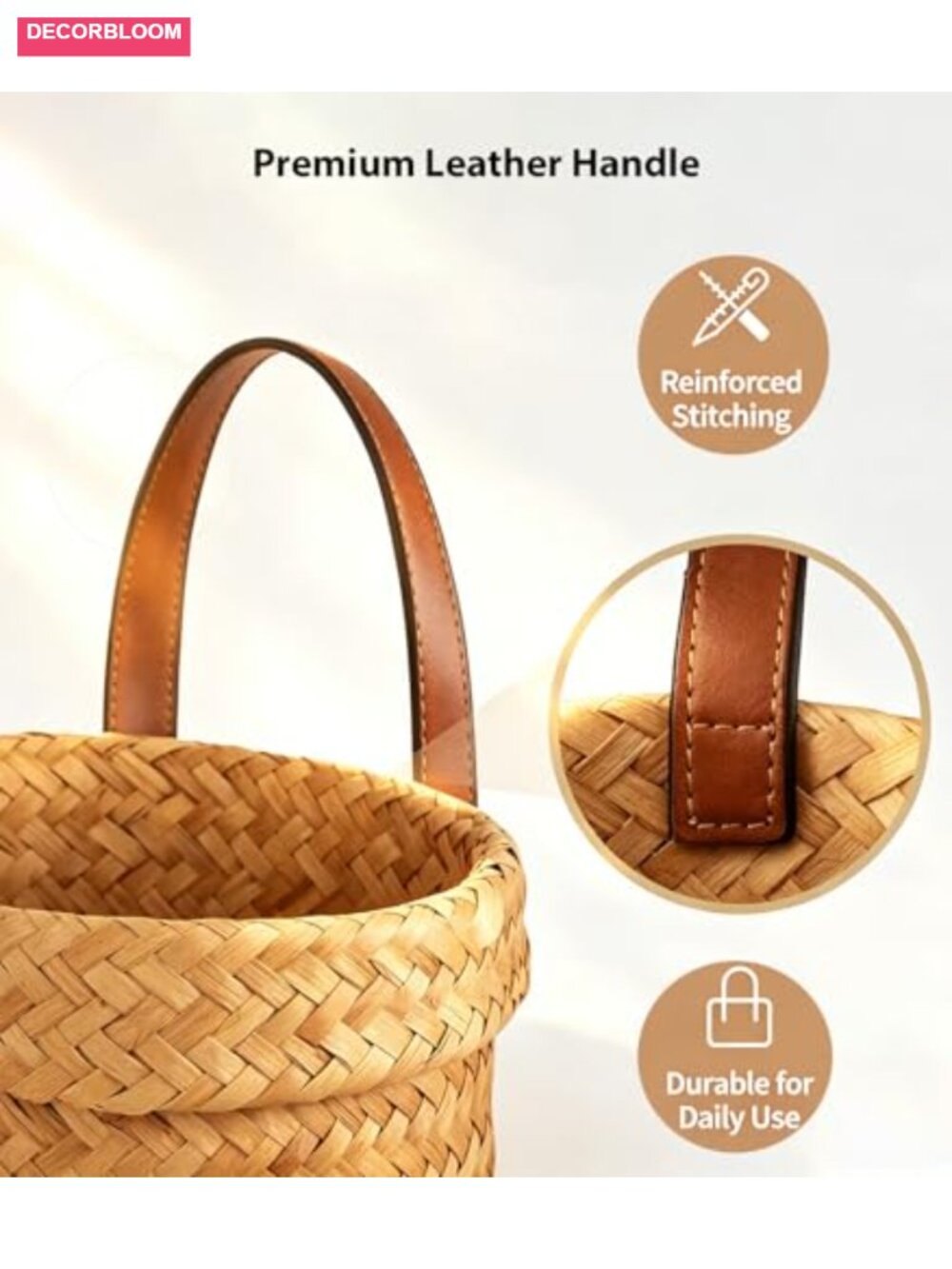 Natural Seagrass Wall Hanging Storage Basket with Leather Handle - Picture 3 of 6